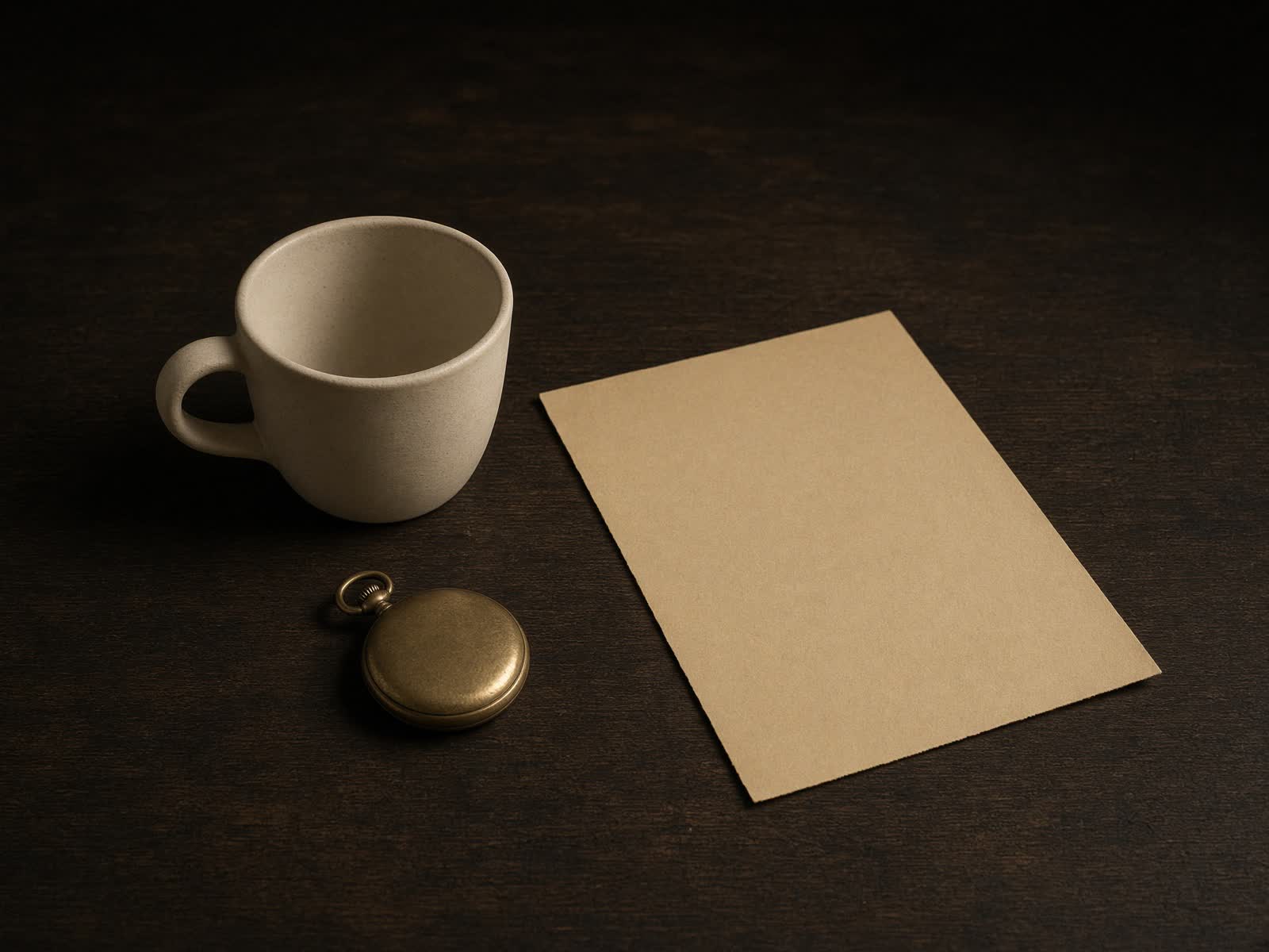 A ceramic cup, a closed watch, and a blank sheet of paper.