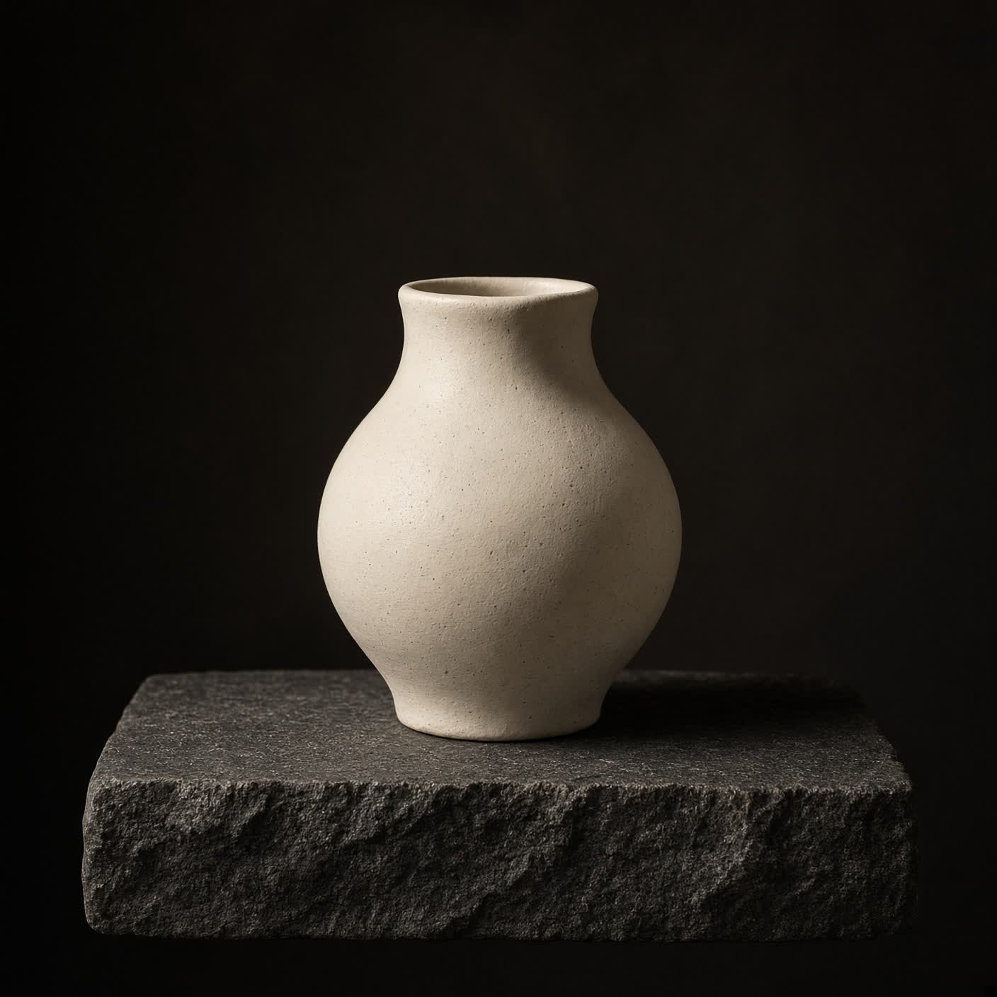 A handmade cream vessel on a dark plinth.